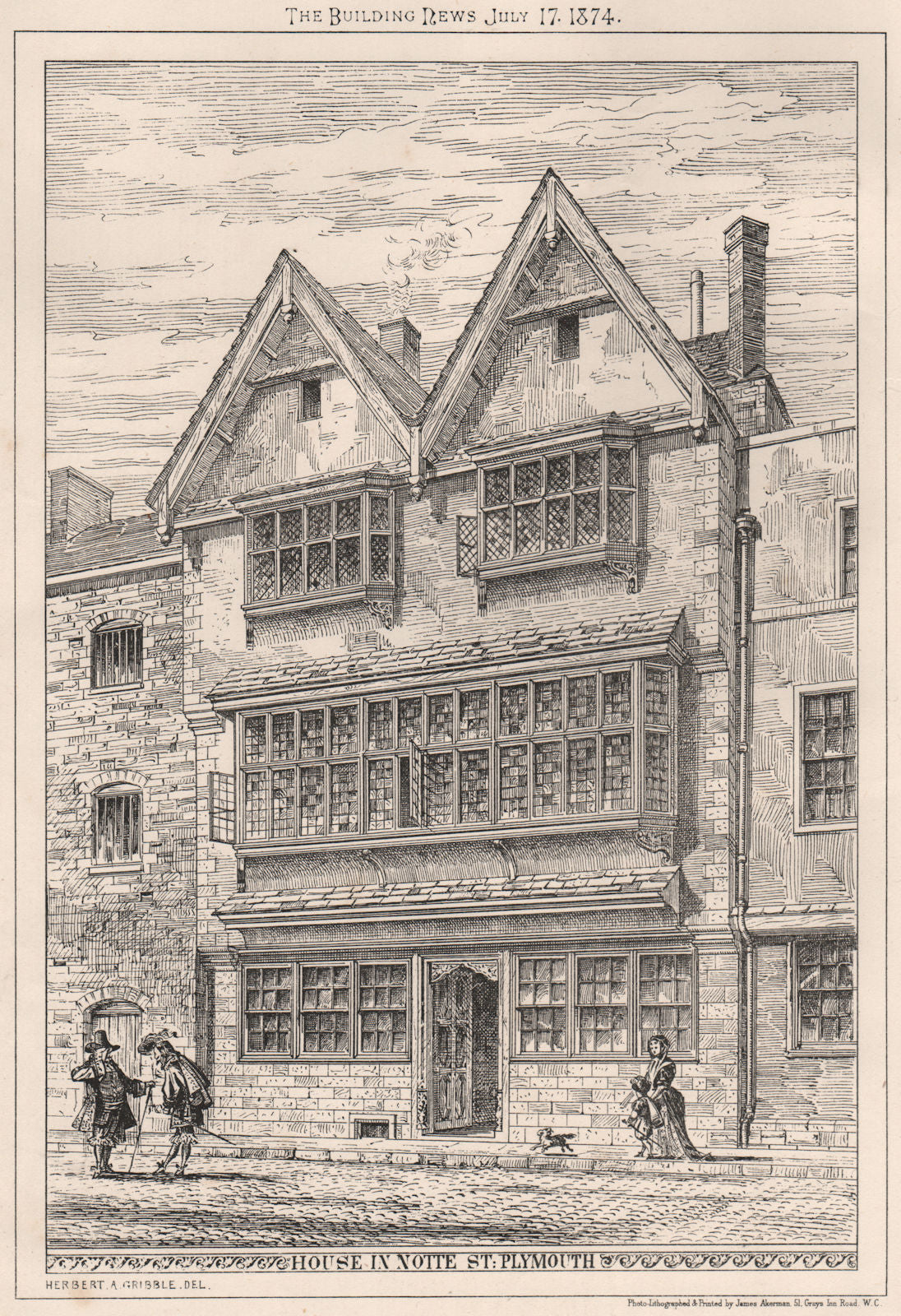 House in Notte St., Plymouth. Devon 1874 old antique vintage print picture